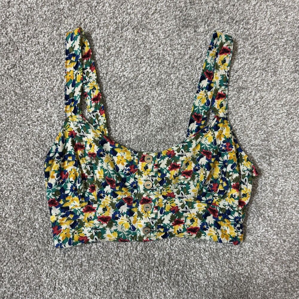 Estam Crop Top Womens Small Floral Button Front Smocked Back Rayon Summer Tank